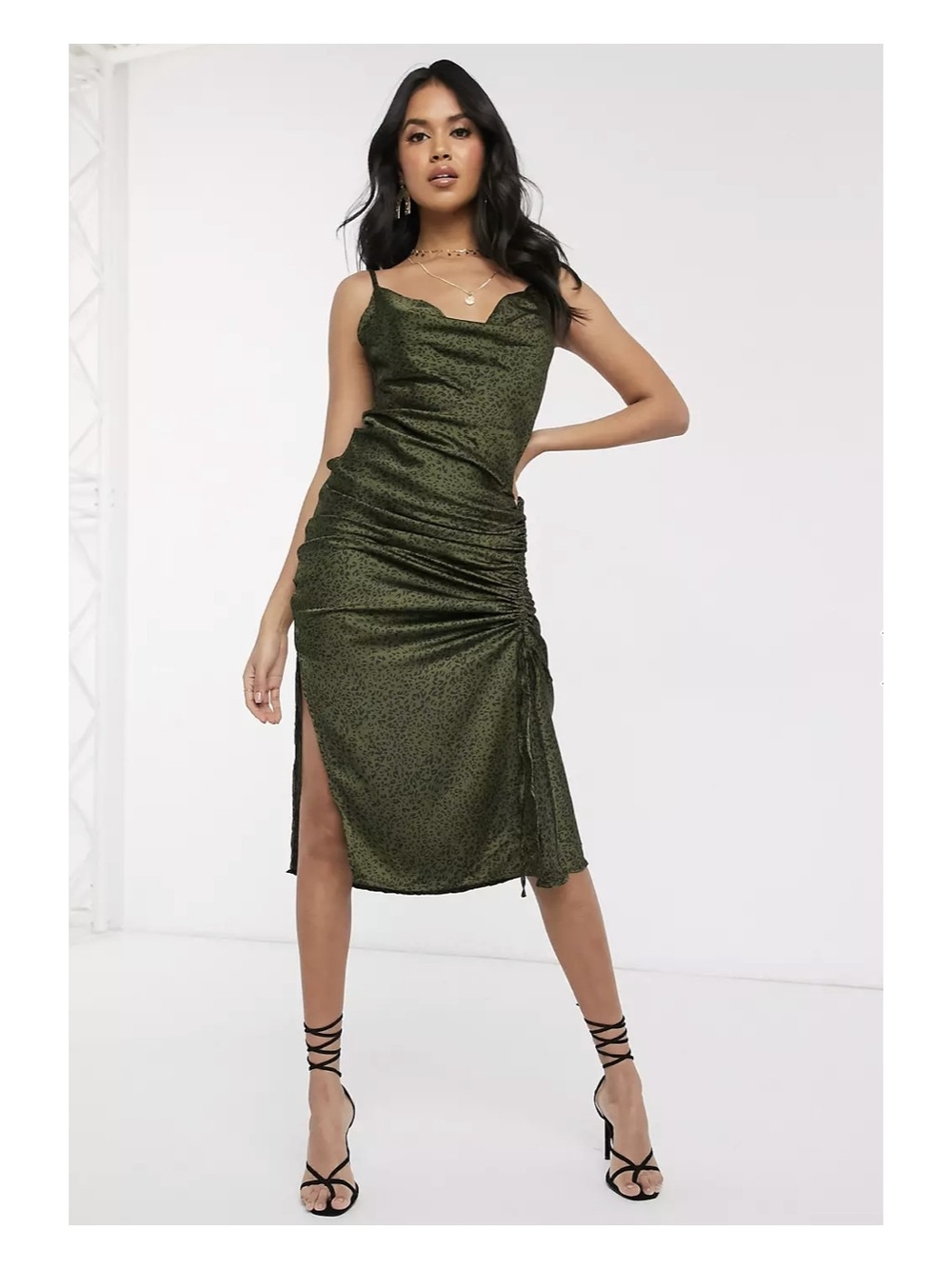 AX Paris Olive Green Leopard Print Satin Maxi Dress Y2K Cowl Neck Ruched M